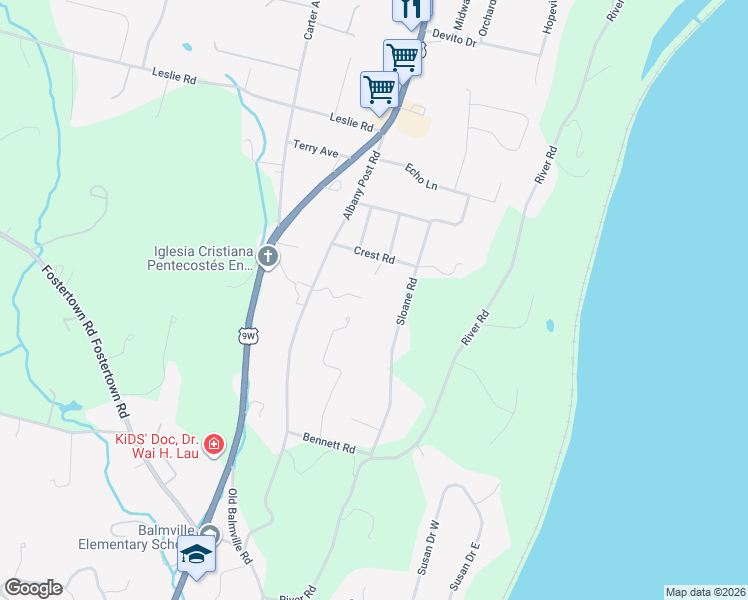 map of restaurants, bars, coffee shops, grocery stores, and more near 327 Balmville Lane in Newburgh