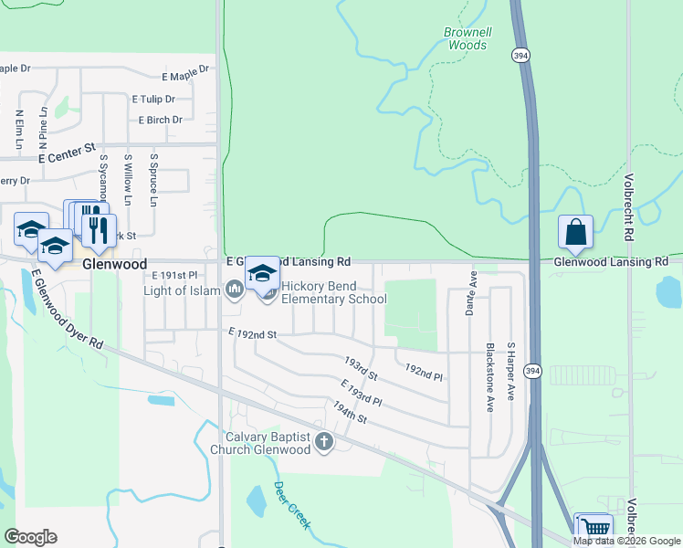 map of restaurants, bars, coffee shops, grocery stores, and more near 831 East Glenwood Lansing Road in Glenwood