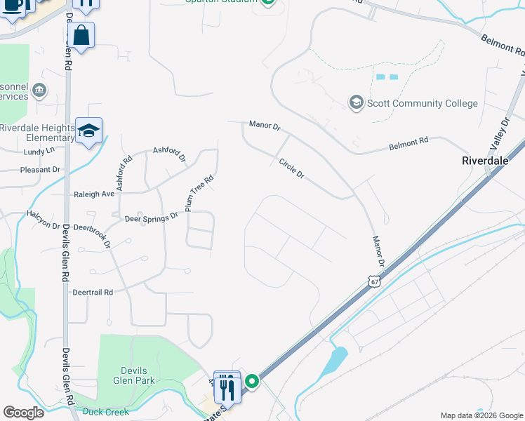 map of restaurants, bars, coffee shops, grocery stores, and more near 421 Mason Drive in Riverdale