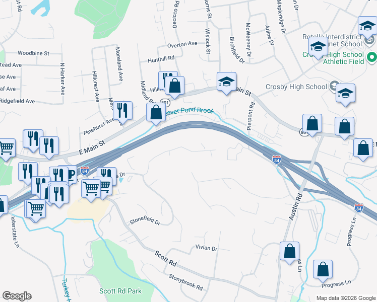 map of restaurants, bars, coffee shops, grocery stores, and more near 353 Schraffts Drive in Waterbury
