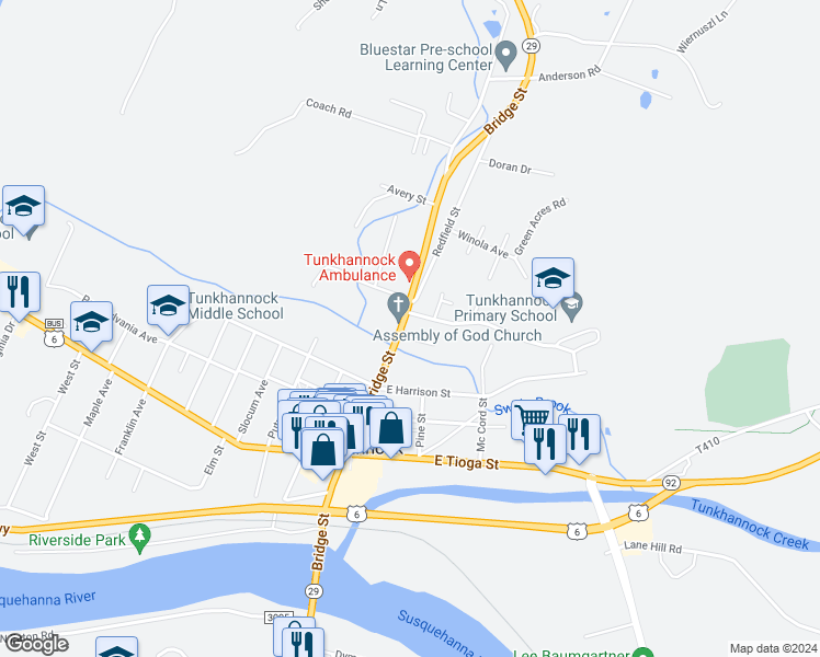 map of restaurants, bars, coffee shops, grocery stores, and more near 173-183 Bridge Street in Tunkhannock