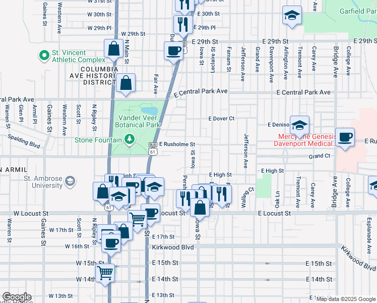 map of restaurants, bars, coffee shops, grocery stores, and more near 321 East Rusholme Street in Davenport