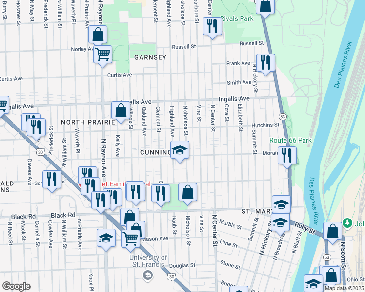 map of restaurants, bars, coffee shops, grocery stores, and more near 1011 Nicholson Street in Joliet