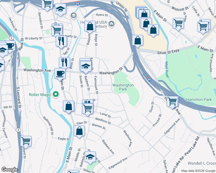 map of restaurants, bars, coffee shops, grocery stores, and more near 176 Sylvan Avenue in Waterbury