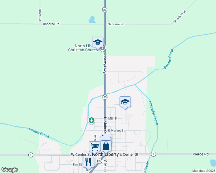 map of restaurants, bars, coffee shops, grocery stores, and more near 65378-65512 Liberty Highway in North Liberty