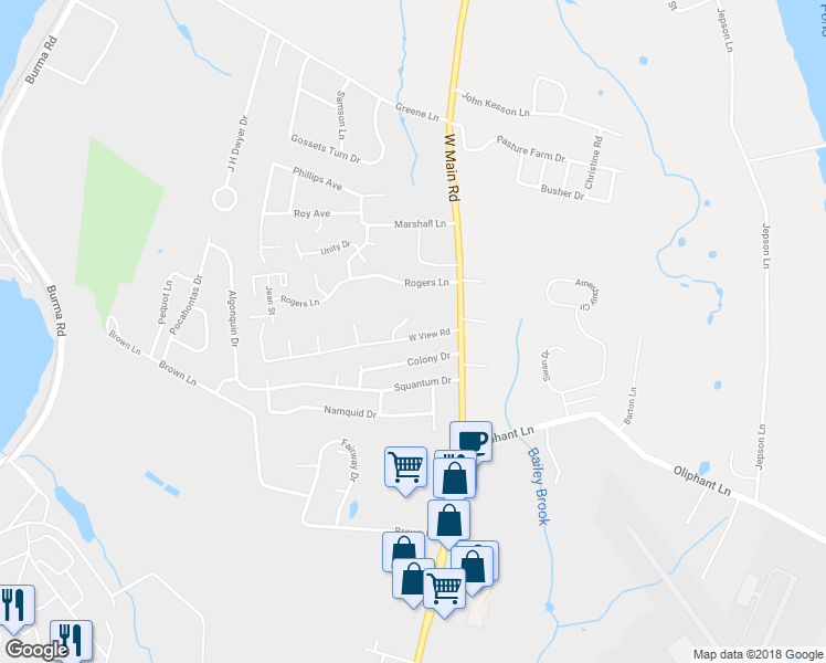 map of restaurants, bars, coffee shops, grocery stores, and more near 25 West View Road in Middletown