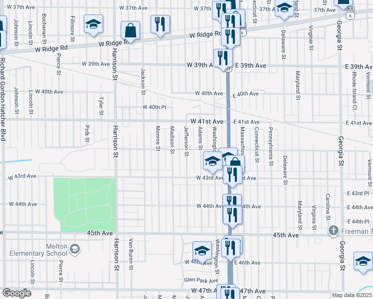 map of restaurants, bars, coffee shops, grocery stores, and more near 300 West 42nd Avenue in Gary