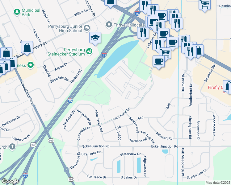 map of restaurants, bars, coffee shops, grocery stores, and more near 26747 Lakevue Drive in Perrysburg