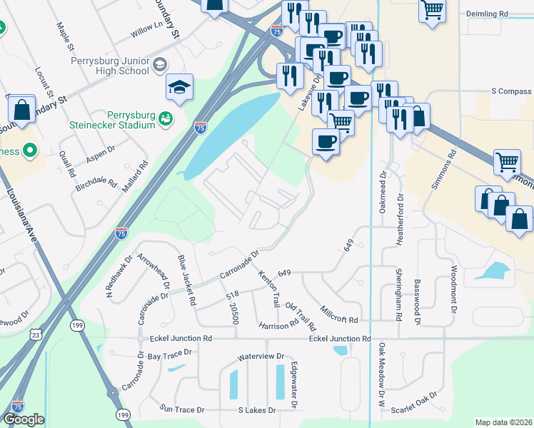 map of restaurants, bars, coffee shops, grocery stores, and more near 26797 Carronade Drive in Perrysburg