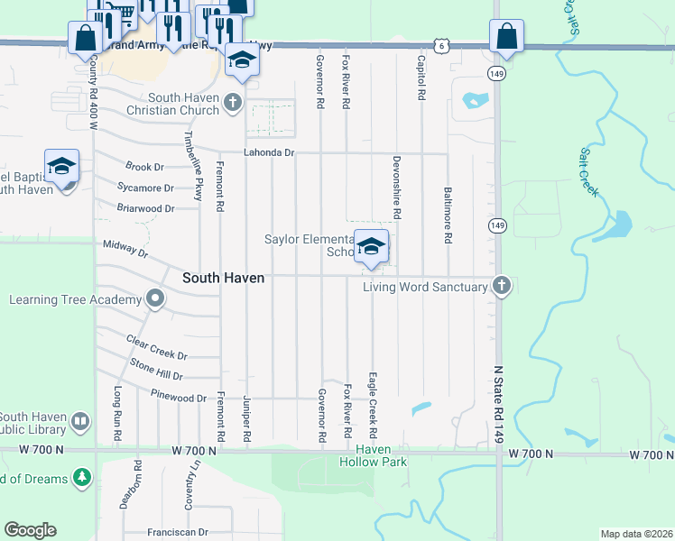 map of restaurants, bars, coffee shops, grocery stores, and more near 337 Midway Drive in Valparaiso
