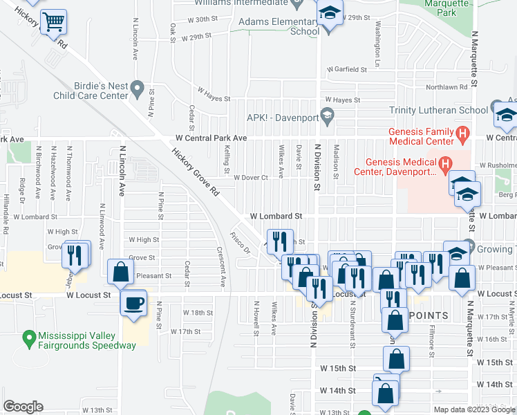 map of restaurants, bars, coffee shops, grocery stores, and more near 2212 North Howell Street in Davenport