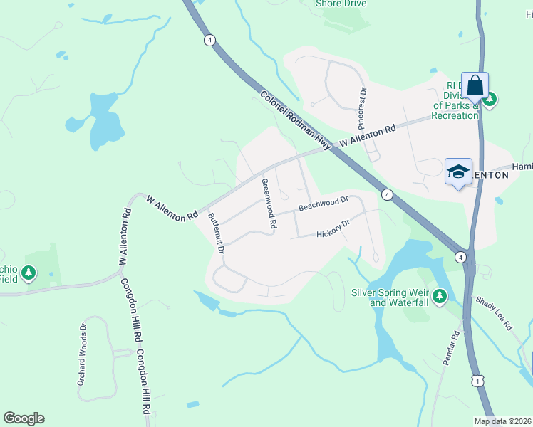 map of restaurants, bars, coffee shops, grocery stores, and more near 10 Woodhaven Road in North Kingstown