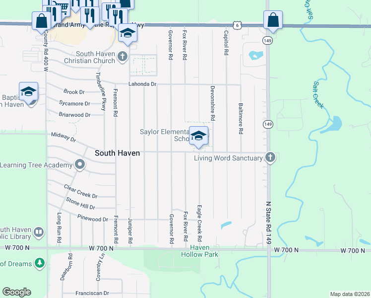 map of restaurants, bars, coffee shops, grocery stores, and more near 337 Midway Drive in Valparaiso