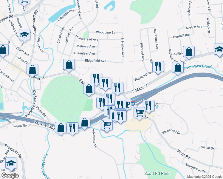 map of restaurants, bars, coffee shops, grocery stores, and more near 151 Blanchard St in Waterbury