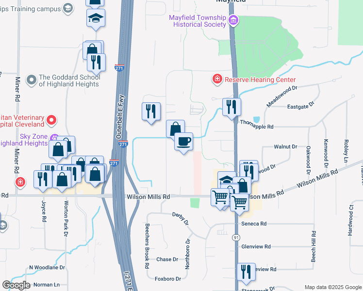 map of restaurants, bars, coffee shops, grocery stores, and more near 739 Beta Drive in Mayfield
