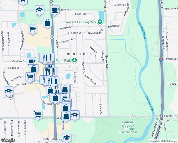 map of restaurants, bars, coffee shops, grocery stores, and more near 1109 Kerry Lane in Joliet