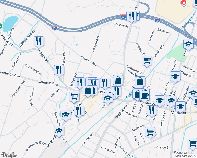 map of restaurants, bars, coffee shops, grocery stores, and more near 60 Fowler Avenue in Meriden
