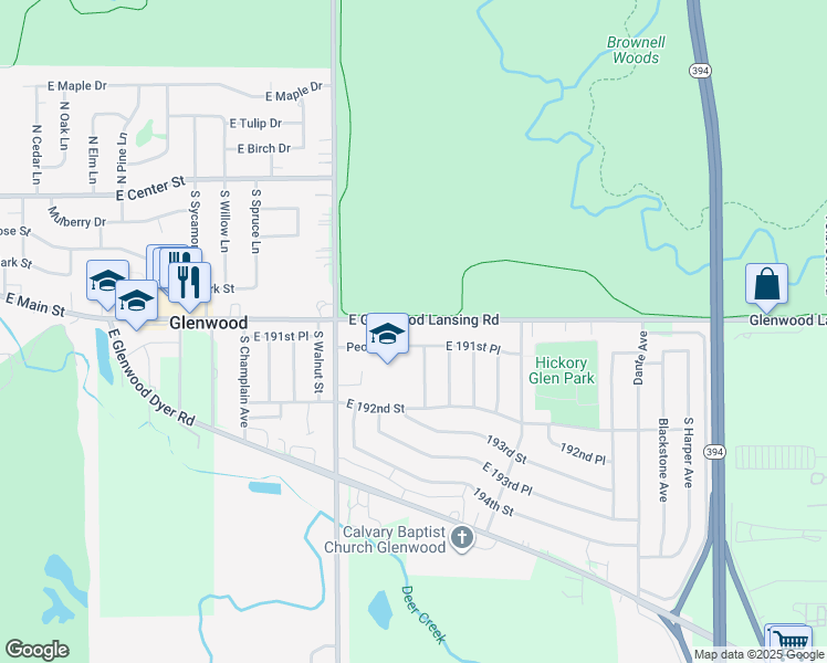map of restaurants, bars, coffee shops, grocery stores, and more near 725 East Glenwood Lansing Road in Glenwood