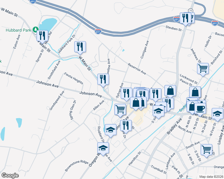 map of restaurants, bars, coffee shops, grocery stores, and more near 657 West Main Street in Meriden