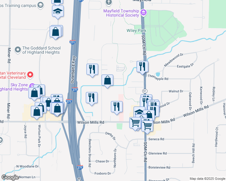 map of restaurants, bars, coffee shops, grocery stores, and more near 739 Beta Drive in Mayfield