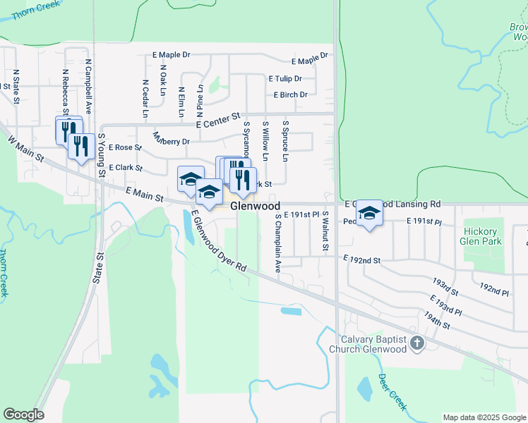 map of restaurants, bars, coffee shops, grocery stores, and more near 510 East Glenwood Lansing Road in Glenwood
