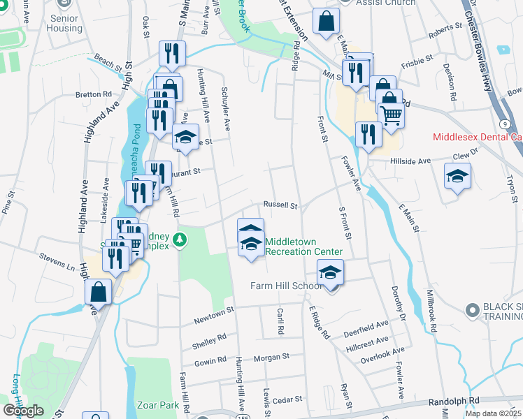 map of restaurants, bars, coffee shops, grocery stores, and more near 191 Russell Street in Middletown