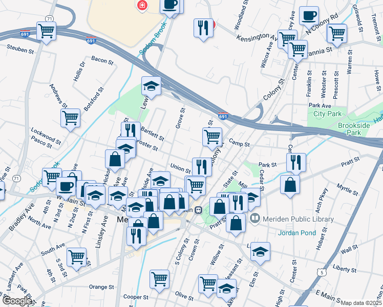 map of restaurants, bars, coffee shops, grocery stores, and more near 20 Lincoln Court in Meriden