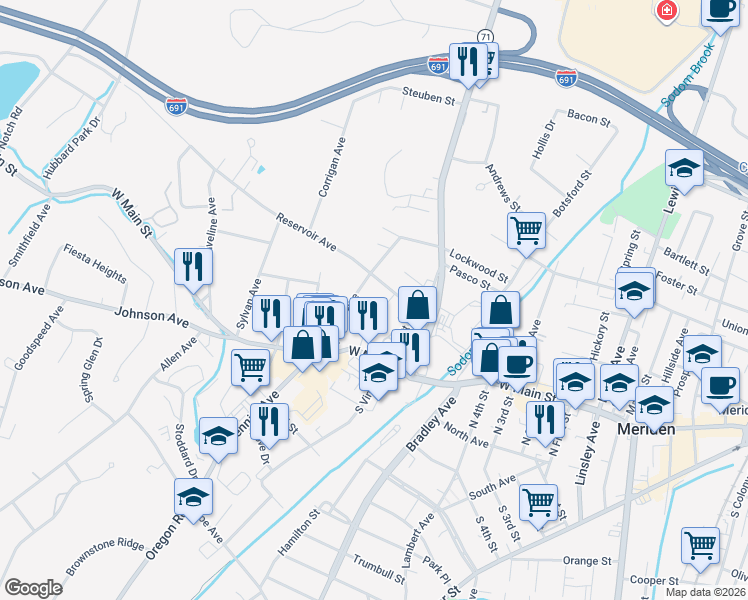 map of restaurants, bars, coffee shops, grocery stores, and more near 79 Fowler Avenue in Meriden