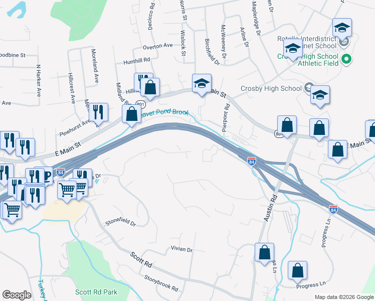 map of restaurants, bars, coffee shops, grocery stores, and more near 6 Gayridge Road in Waterbury
