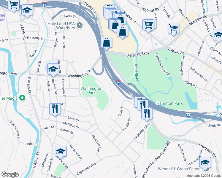 map of restaurants, bars, coffee shops, grocery stores, and more near 12 Rosewood Avenue in Waterbury