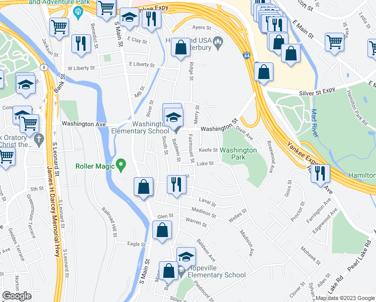 map of restaurants, bars, coffee shops, grocery stores, and more near 757 Baldwin Street in Waterbury