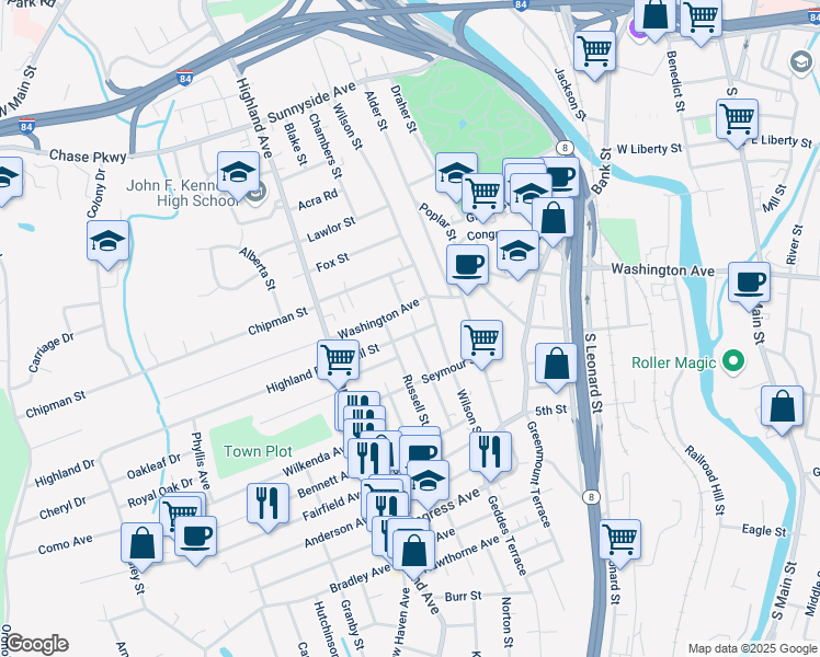 map of restaurants, bars, coffee shops, grocery stores, and more near 557 Washington Avenue in Waterbury