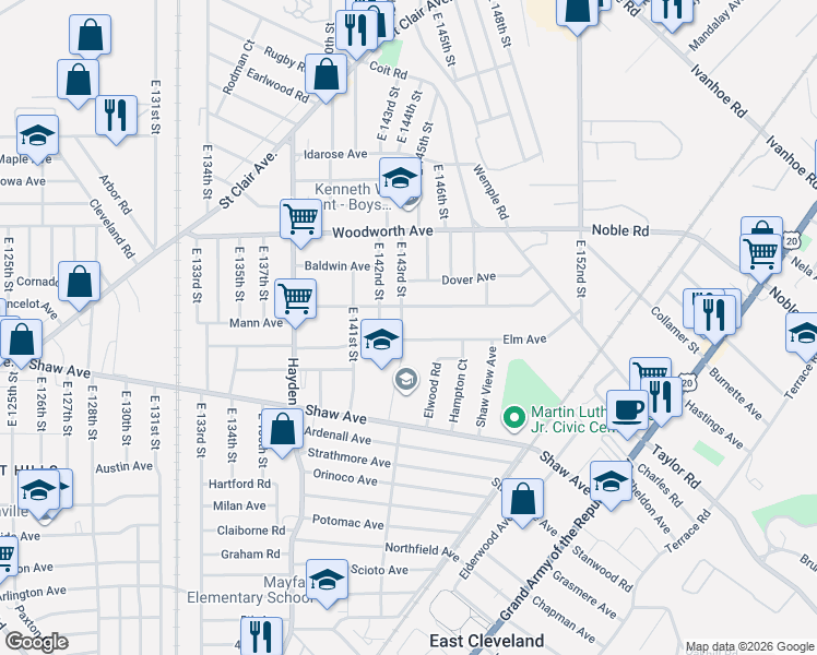 map of restaurants, bars, coffee shops, grocery stores, and more near 1321 East 143rd Street in East Cleveland