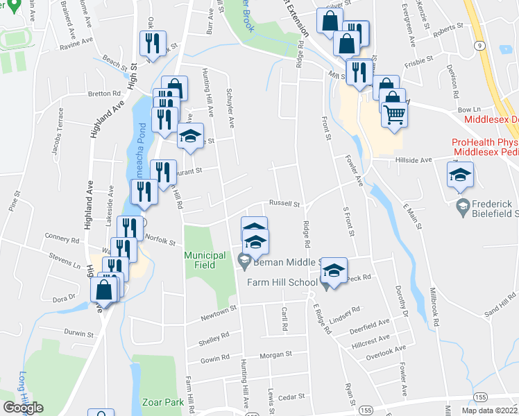 map of restaurants, bars, coffee shops, grocery stores, and more near 207 Russell Street in Middletown