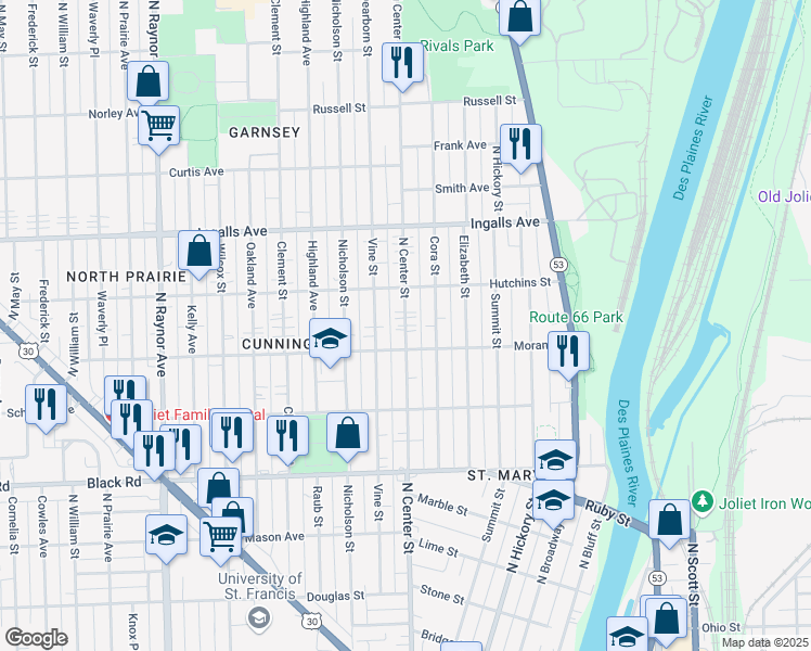 map of restaurants, bars, coffee shops, grocery stores, and more near North Center Street in Joliet
