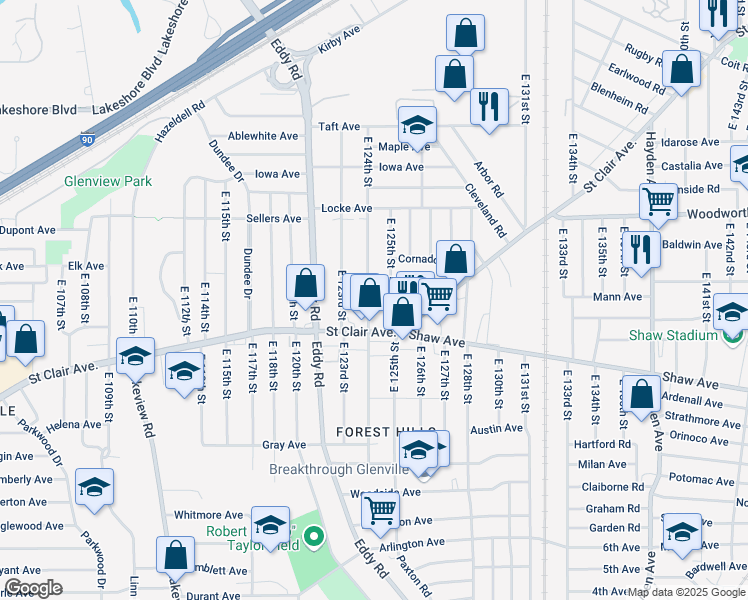 map of restaurants, bars, coffee shops, grocery stores, and more near 539 East 124th Street in Cleveland