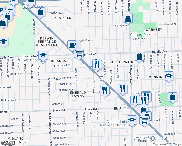 map of restaurants, bars, coffee shops, grocery stores, and more near 1100 Plainfield Road in Joliet