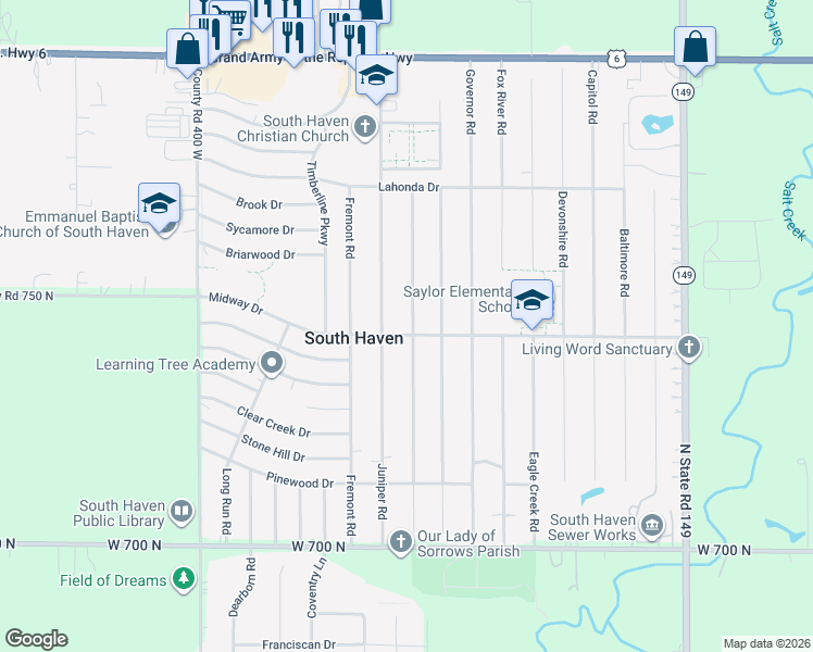 map of restaurants, bars, coffee shops, grocery stores, and more near 740 Imperial Road in Valparaiso