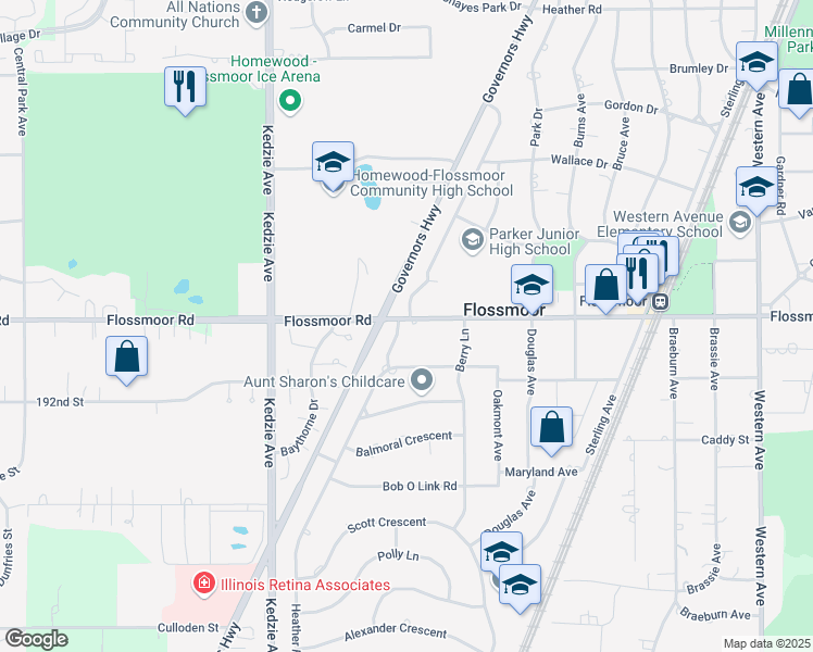 map of restaurants, bars, coffee shops, grocery stores, and more near 1111 Heather Hill Crescent in Flossmoor