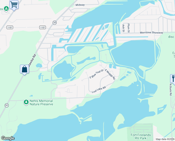 map of restaurants, bars, coffee shops, grocery stores, and more near 1249 Lost Lake Rd in Port Clinton