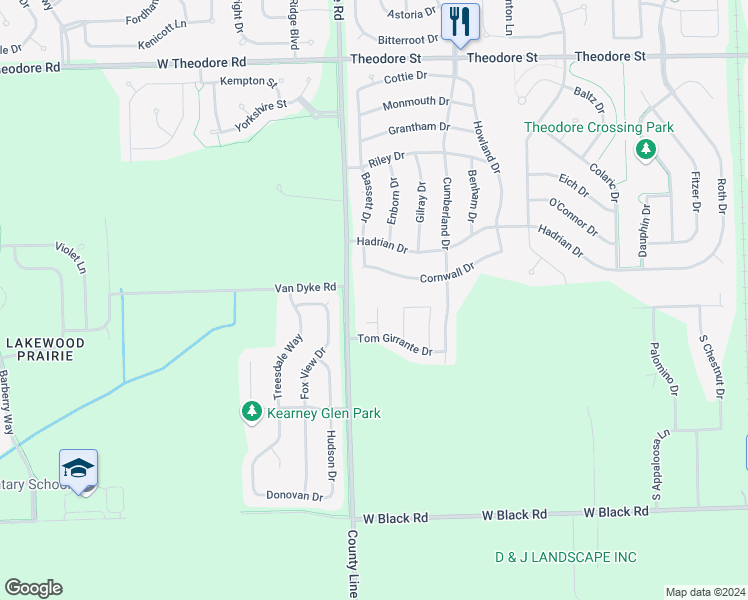 map of restaurants, bars, coffee shops, grocery stores, and more near 1111 Kim Court in Joliet