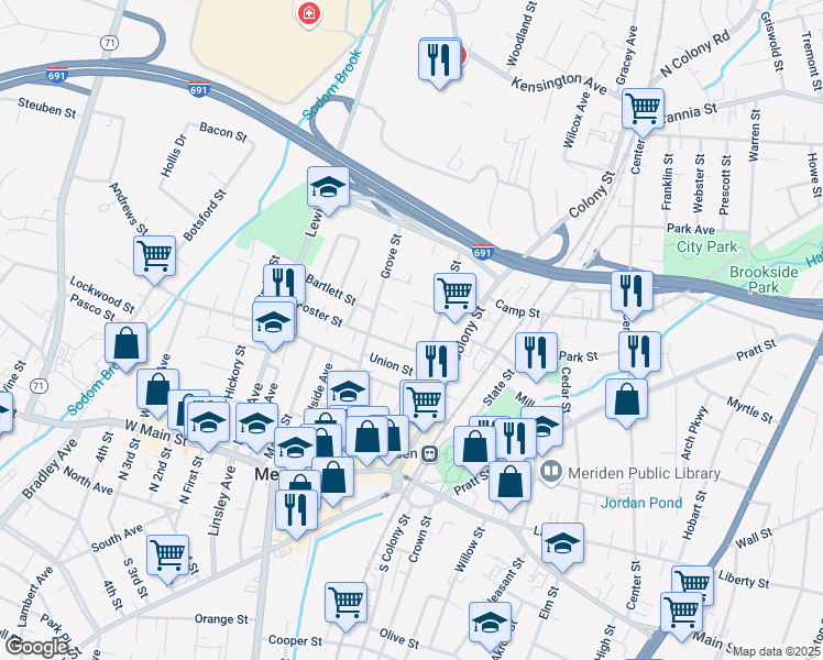 map of restaurants, bars, coffee shops, grocery stores, and more near 17 Lincoln Court in Meriden