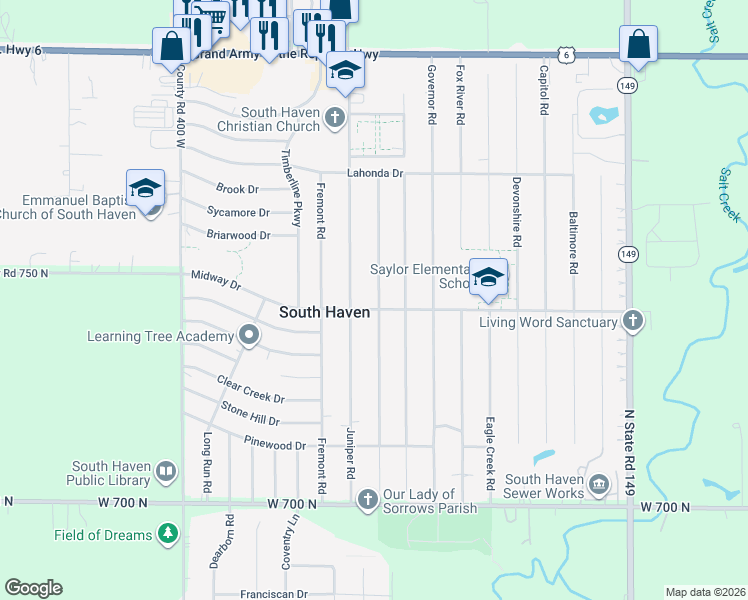 map of restaurants, bars, coffee shops, grocery stores, and more near 740 Imperial Road in Valparaiso