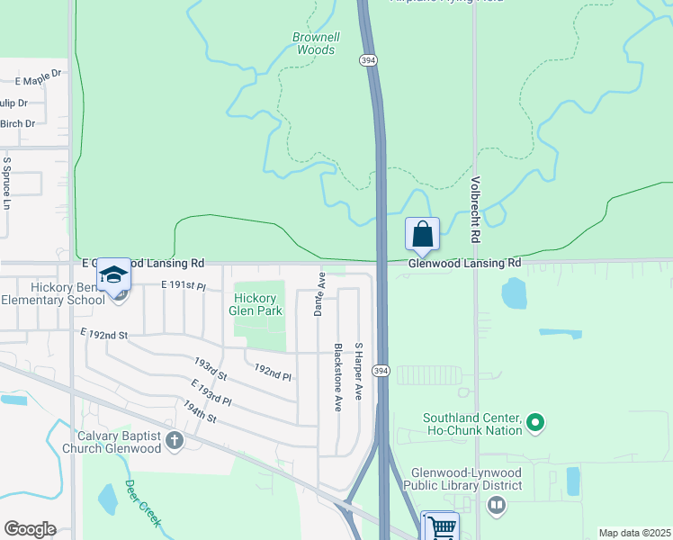 map of restaurants, bars, coffee shops, grocery stores, and more near 1051 East Glenwood Lansing Road in Glenwood