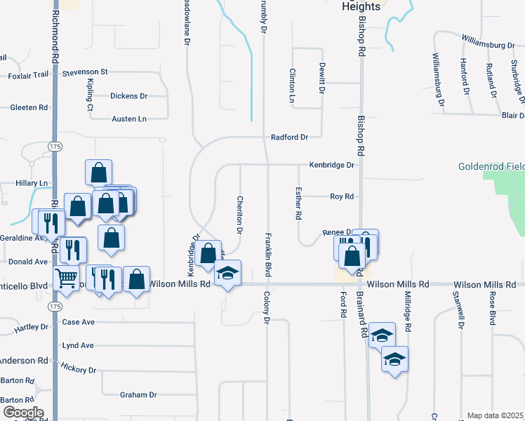 map of restaurants, bars, coffee shops, grocery stores, and more near 738 Franklin Boulevard in Highland Heights