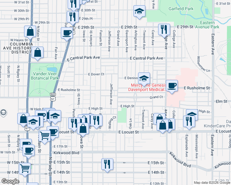 map of restaurants, bars, coffee shops, grocery stores, and more near 2214 Grand Avenue in Davenport