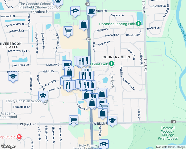 map of restaurants, bars, coffee shops, grocery stores, and more near 1146 Baccarrat in Joliet