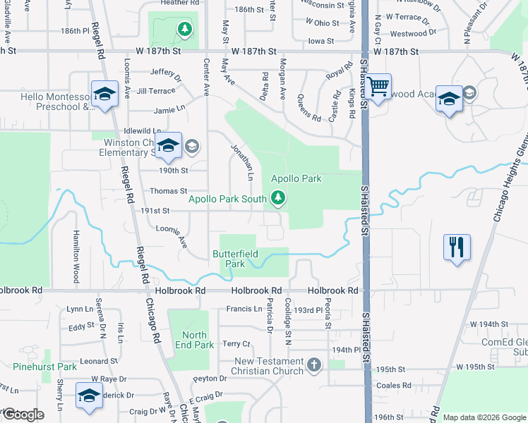 map of restaurants, bars, coffee shops, grocery stores, and more near 1001 191st Street in Homewood