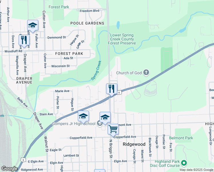 map of restaurants, bars, coffee shops, grocery stores, and more near 922 Jeffrey Avenue in Joliet