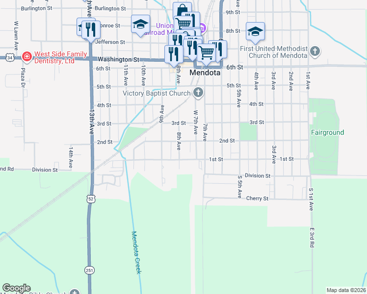 map of restaurants, bars, coffee shops, grocery stores, and more near 211 8th Avenue in Mendota